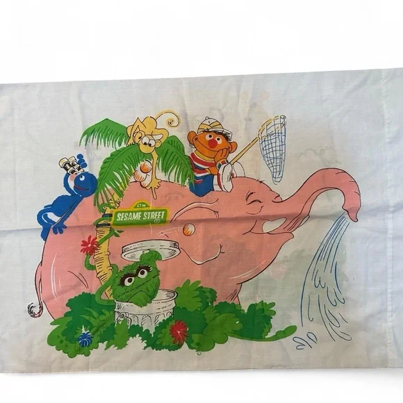 VINTAGE 80s SESAME STREET Twin Sheets Safari Pink Elephant Jungle Animal - Picture 4 of 5